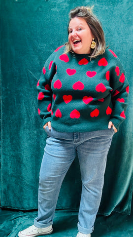 Pull Lovely - grande taille vert sapin motifs coeur rouge col rond
