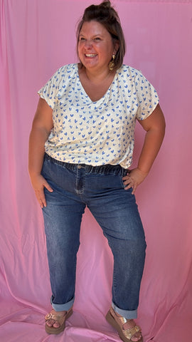 Top Joe - grande taille beige motifs coeurs bleu