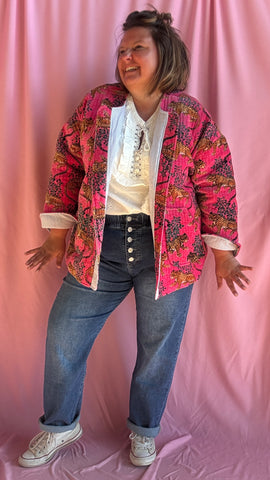Veste Isadora - grande taille velour côtelée fuchsia motifs léopard ou grise