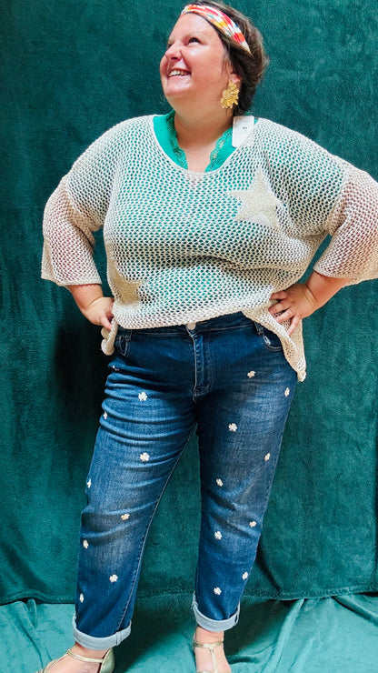 Pull étoile - grande taille motifs étoiles ajourés colorés