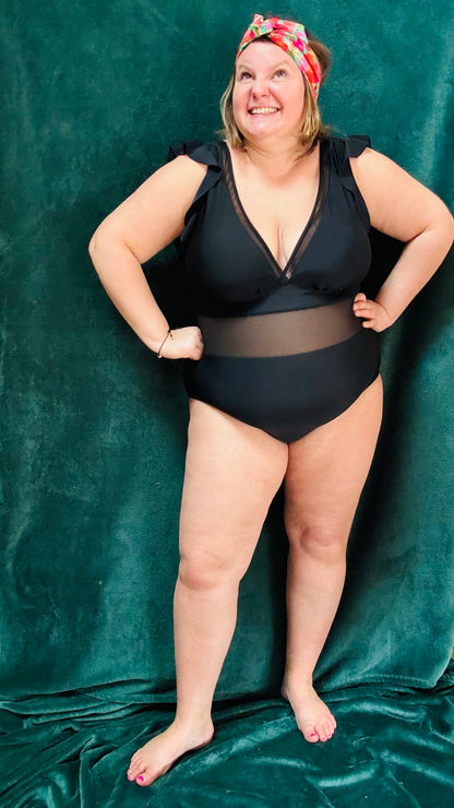 Maillot Diva - Maillot de bain grande taille noir avec décolleté en V plongeant