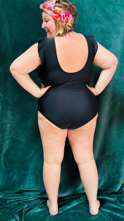 Maillot Diva - Maillot de bain grande taille noir avec décolleté en V plongeant