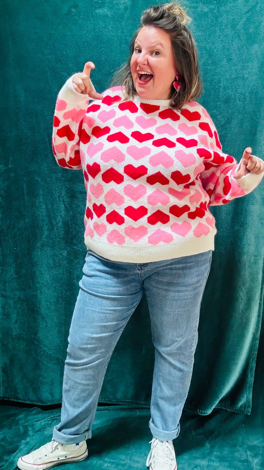 Pull amoré - grande taille coeur rouge et rose col rond