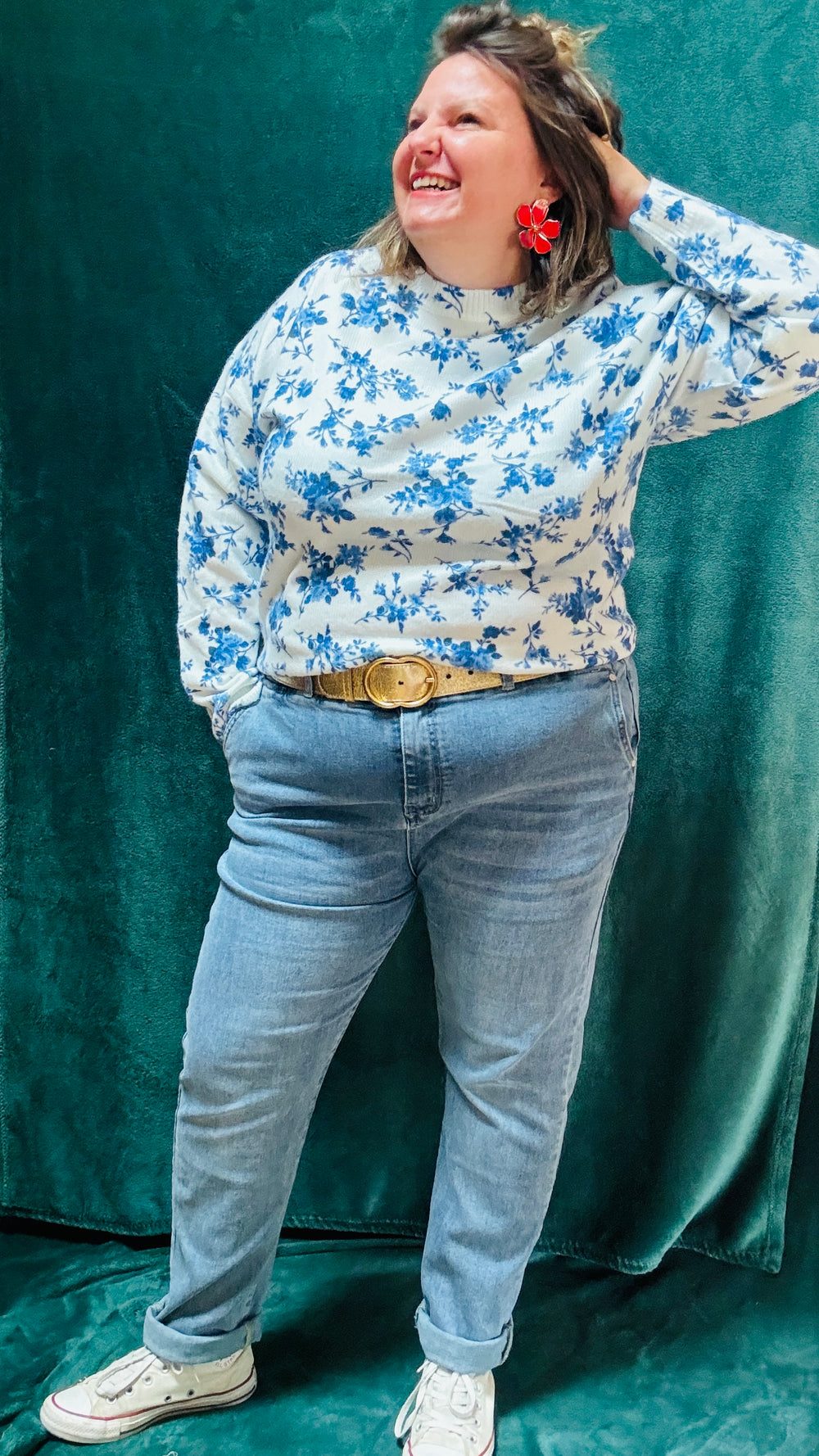 Pull Lolo - grande taille motifs fleuris bleu et blanc