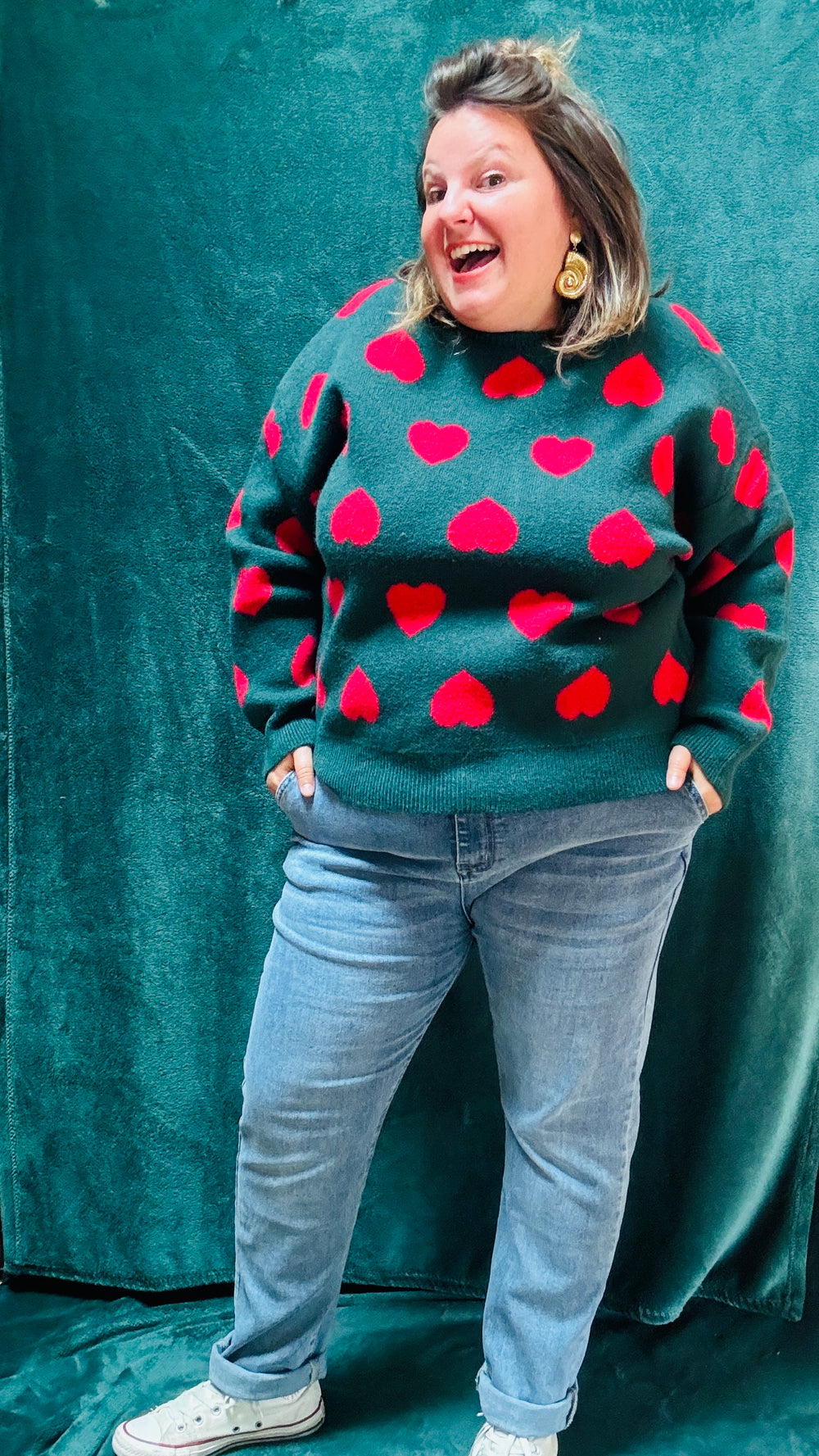 Pull Lovely - grande taille vert sapin motifs coeur rouge col rond