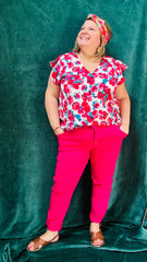 Top Suzane - grande taille motif fleuris rose et blanc