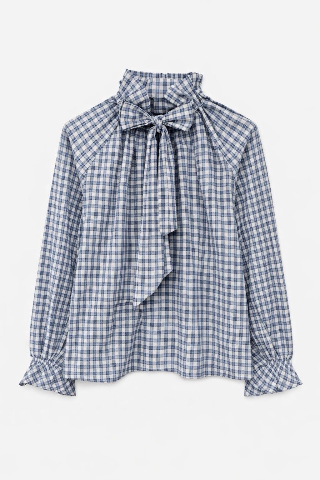 Blouse chemise grande taille vichy blanc et bleu, col lavallière
