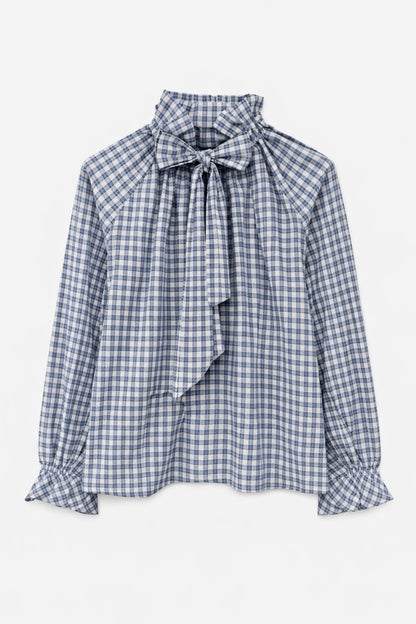 Blouse chemise grande taille vichy blanc et bleu, col lavallière
