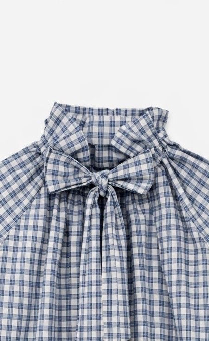 Blouse chemise grande taille vichy blanc et bleu, col lavallière