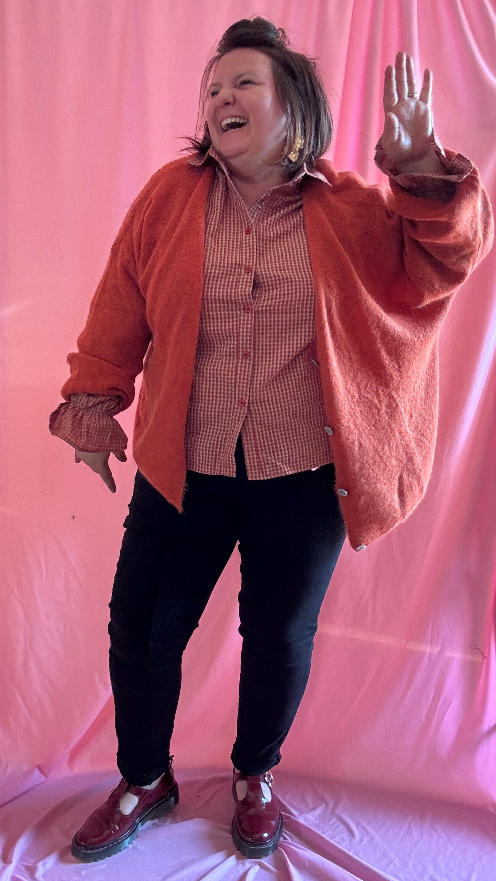 Chemise blouse grande taille carreaux camel, rouille et blanc, manches ballons.