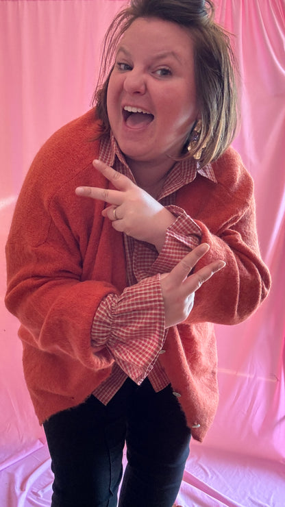 Chemise blouse grande taille carreaux camel, rouille et blanc, manches ballons.