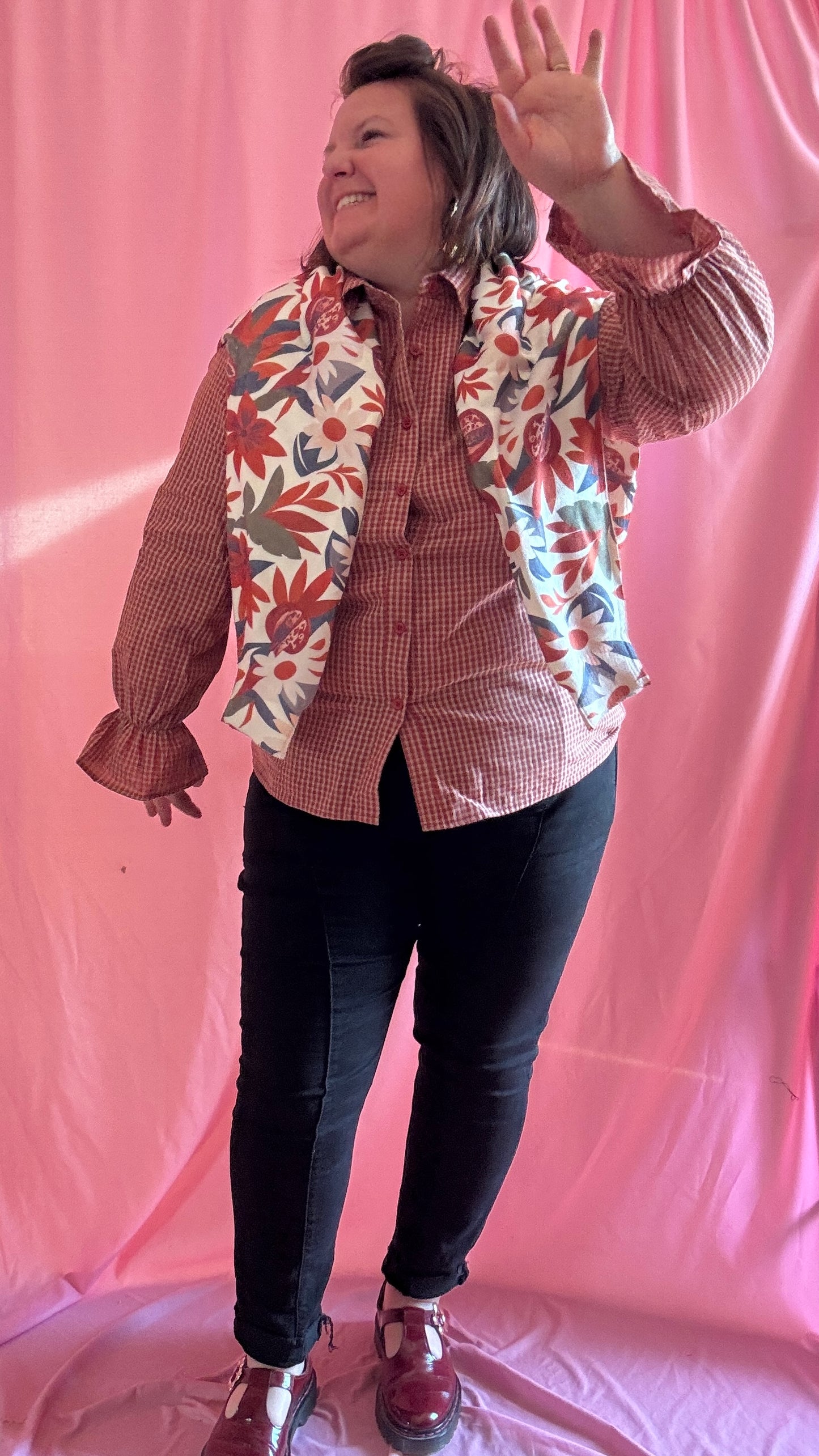 Chemise blouse grande taille carreaux camel, rouille et blanc, manches ballons.