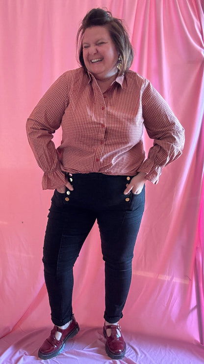 Chemise blouse grande taille carreaux camel, rouille et blanc, manches ballons.