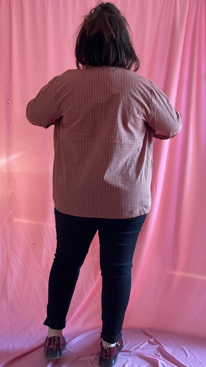 Chemise blouse grande taille carreaux camel, rouille et blanc, manches ballons.