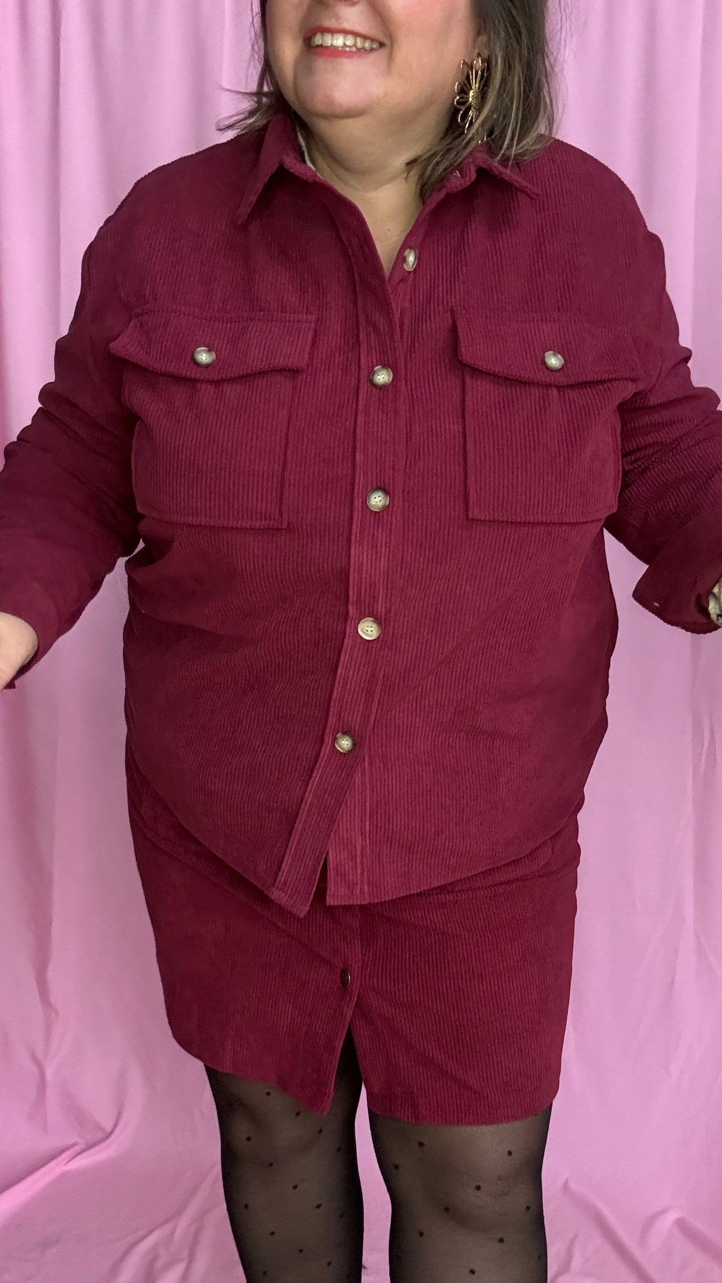 veste-chemise grande taille en velours côtelé bordeaux