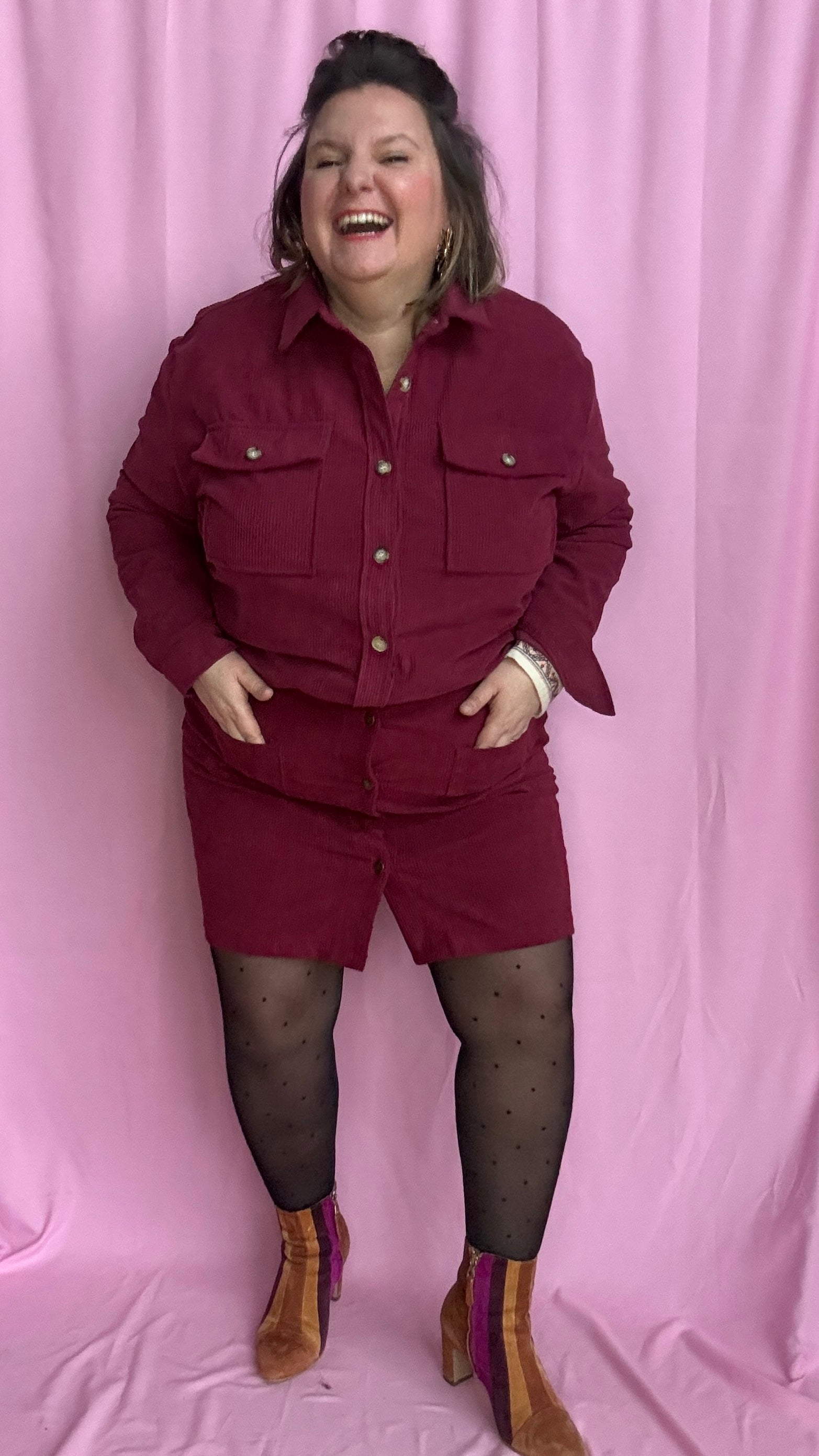 veste-chemise grande taille en velours côtelé bordeaux