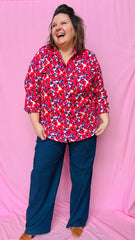 Blouse Coco - grande taille fleurie rouge blanche et bleu roi