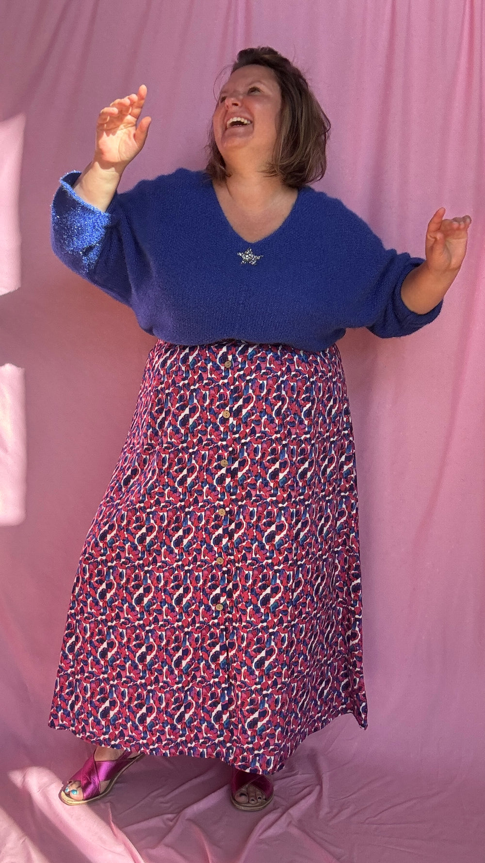 Jupe Celestine - grande taille longue motif blanc bleu et rose