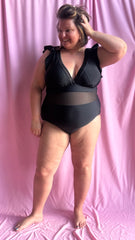 Maillot Diva - Maillot de bain grande taille noir avec décolleté en V plongeant