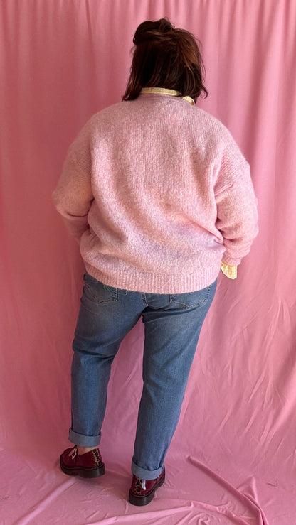 Gilet pull grande taille rose pastel, boutons cœurs dorés devant et manches