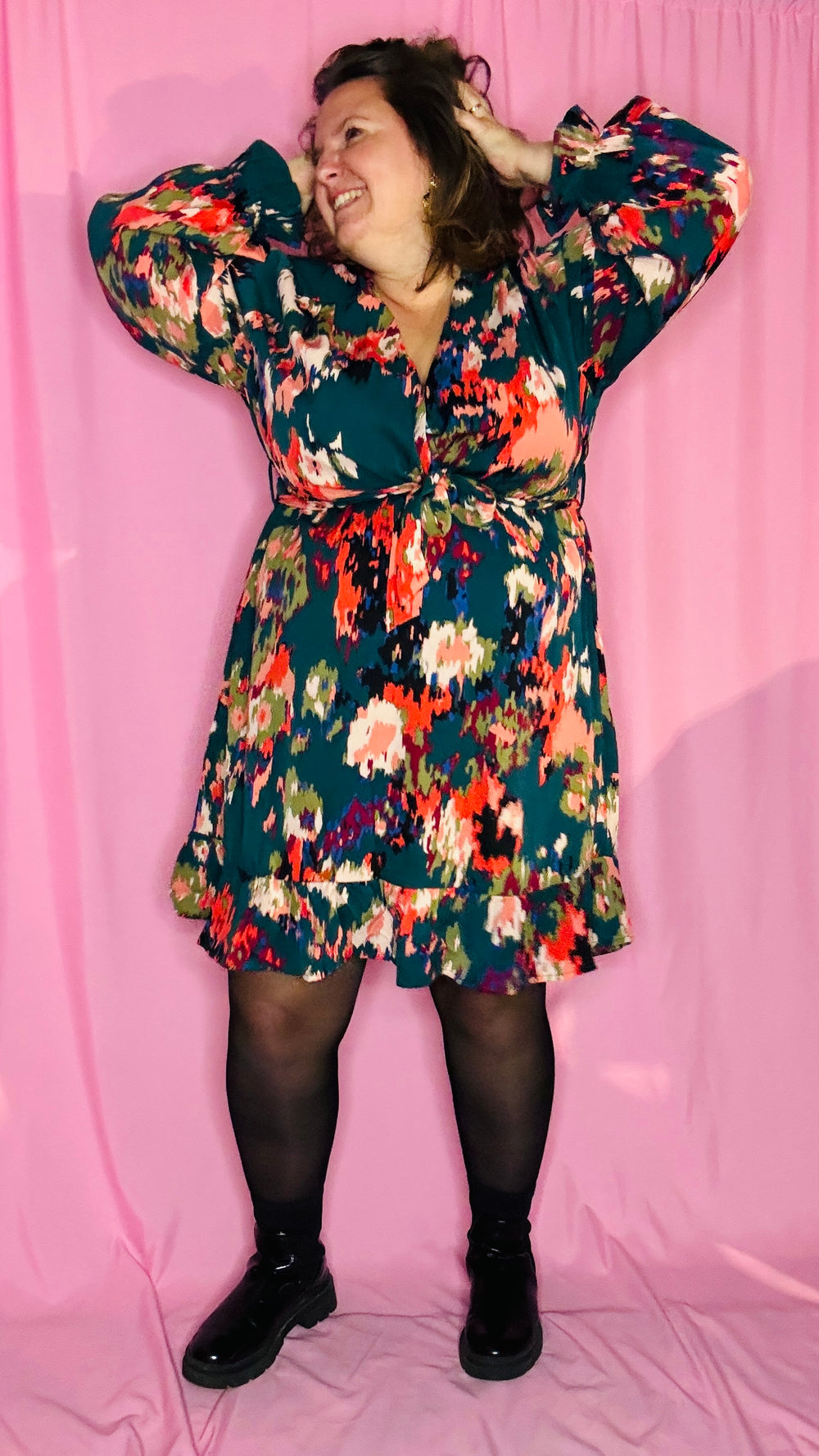 Robe Louison - grande taille manche longue motifs vert sapin rouge orangé