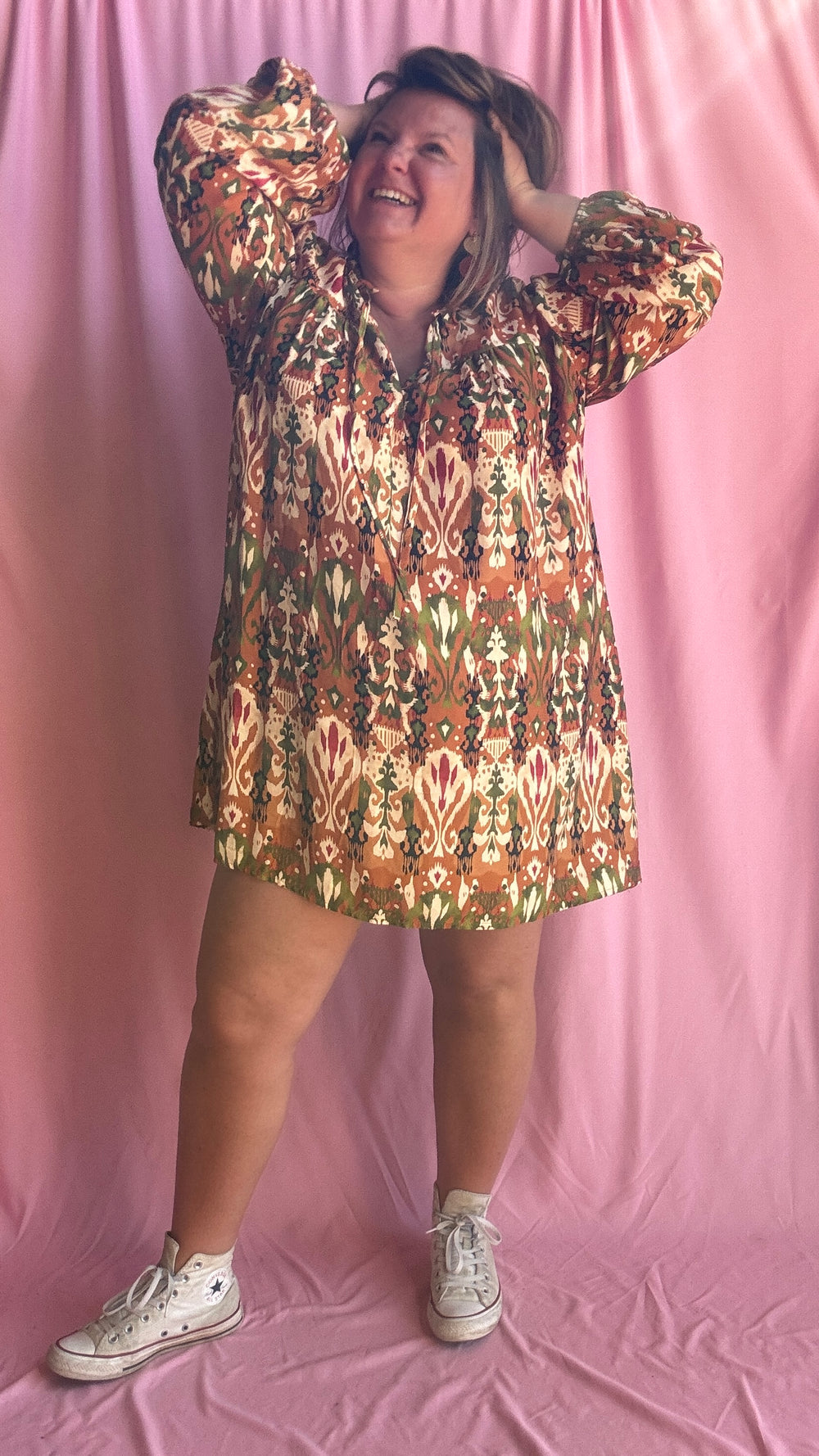 Robe Alberta - grande taille droite motifs ethnique kaki et orange