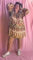 Robe Alberta - grande taille droite motifs ethnique kaki et orange