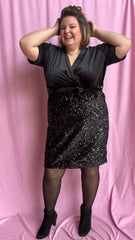 Robe Dalida - grande taille sequin noir ou argenté et velour noir