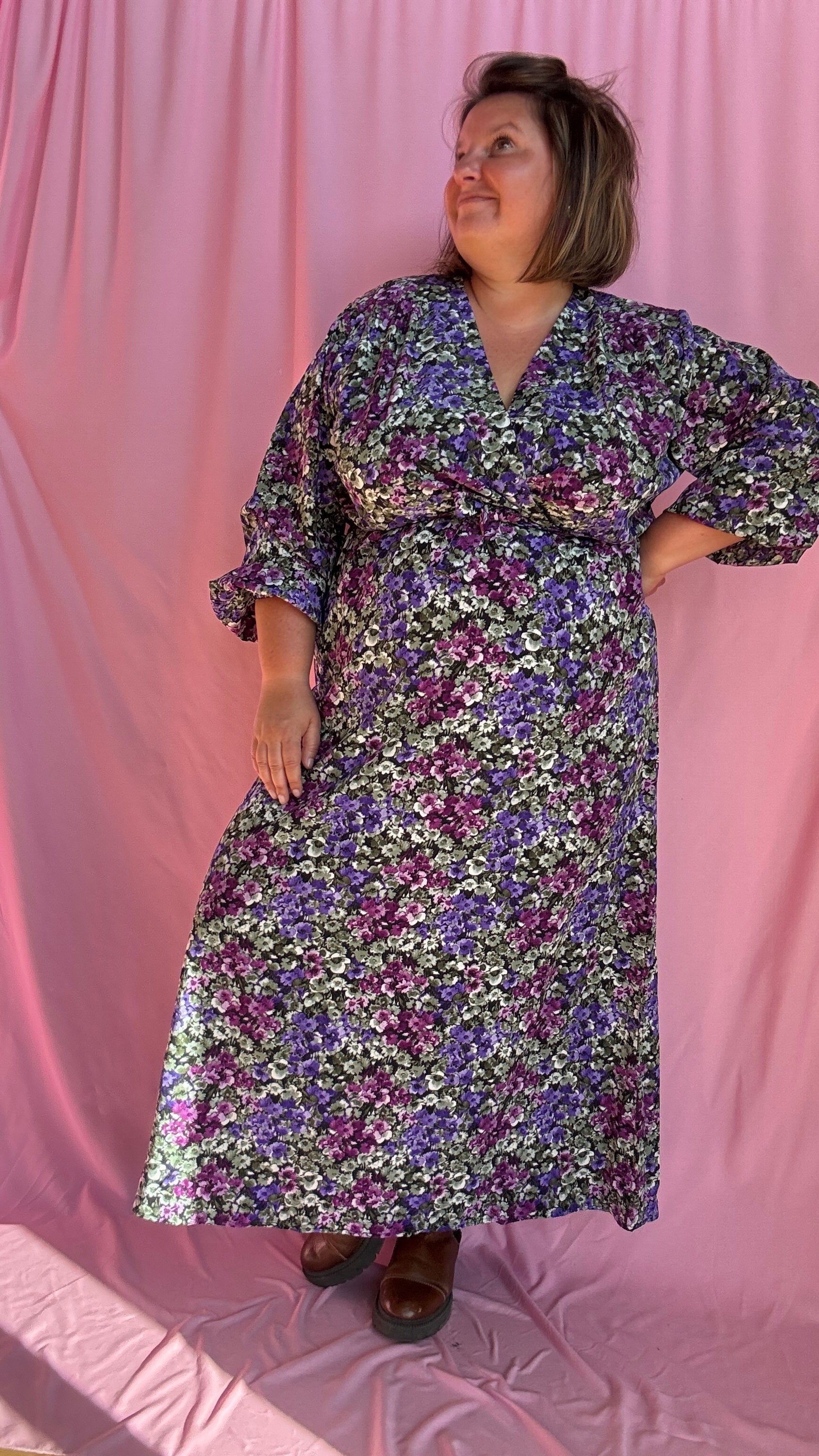 Robe grande taille longue liberty violet et kaki