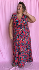 Robe Cassis - grande taille longue motif fleuris rouge bleu et doré manche avec noeud dos nu