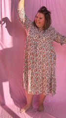 Robe liberty - grande taille longue motif fleurs liberty camel bleu ciel et beige