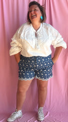 Short Lucien - grande taille bleu motif broderie blanche