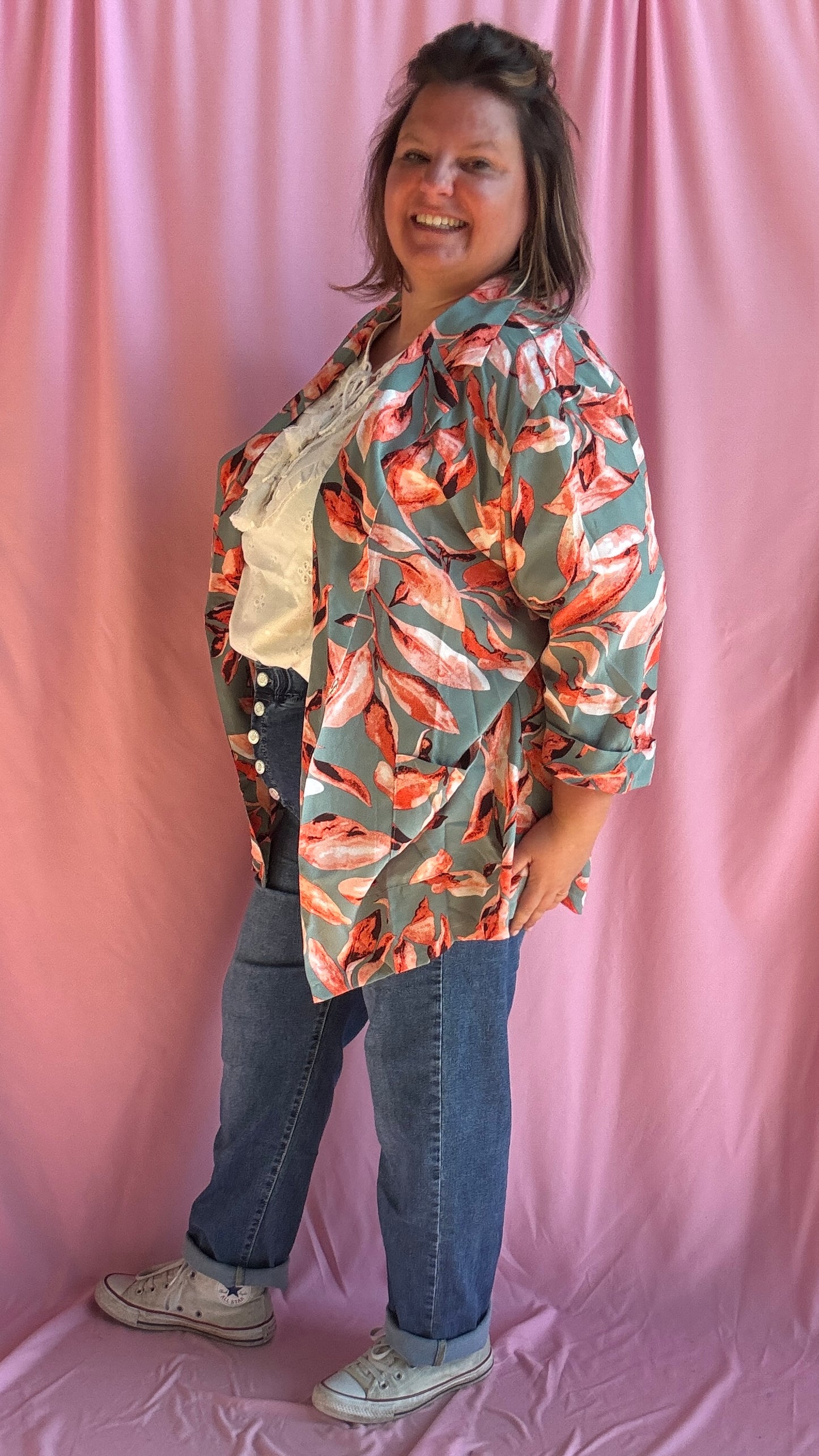 Veste blazer Laora - grande taille fleuri vert d'eau et orange