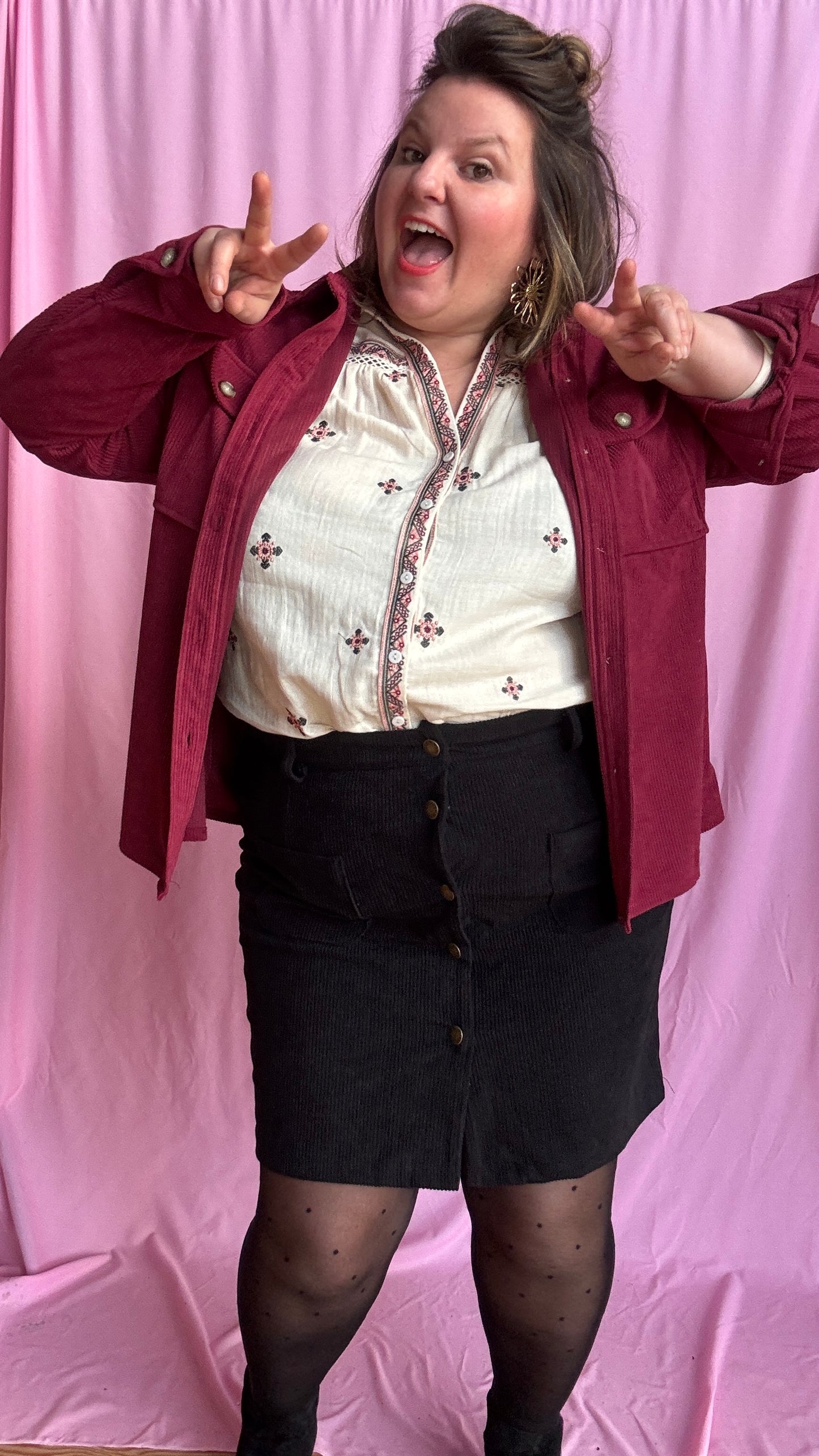 veste-chemise grande taille en velours côtelé bordeaux