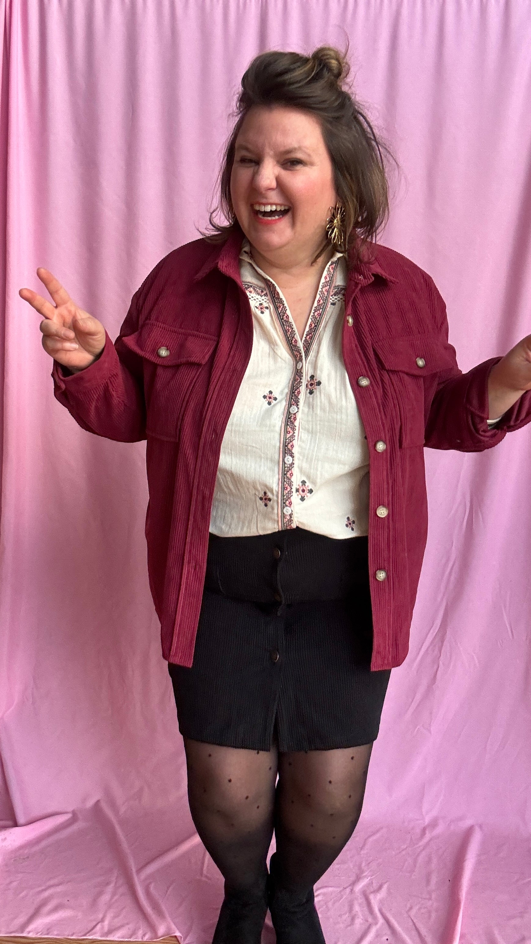 veste-chemise grande taille en velours côtelé bordeaux