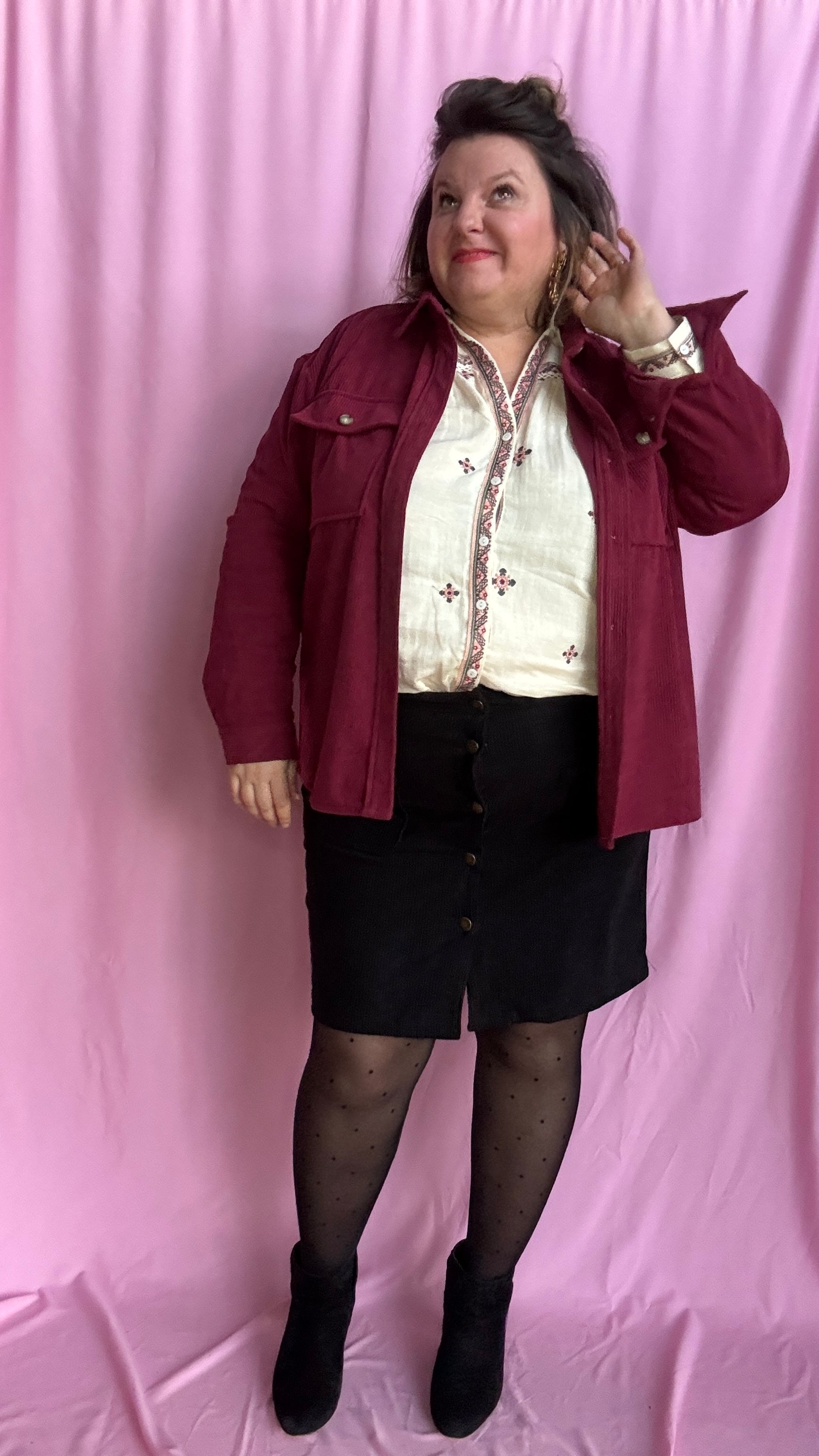 veste-chemise grande taille en velours côtelé bordeaux