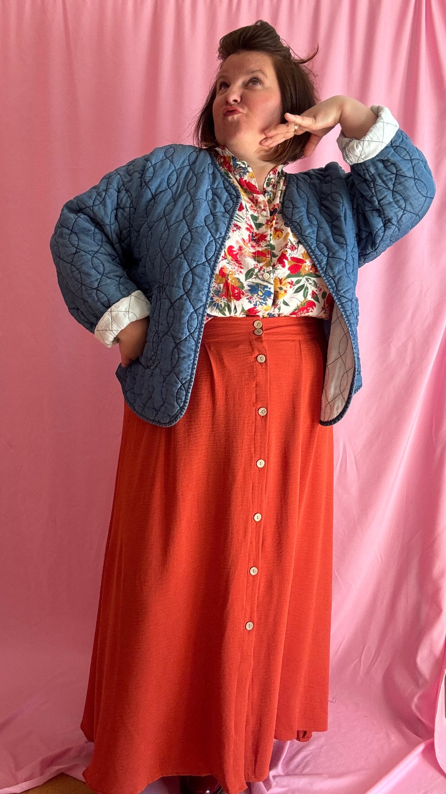 Veste en jean grande taille matelassée, jean clair
