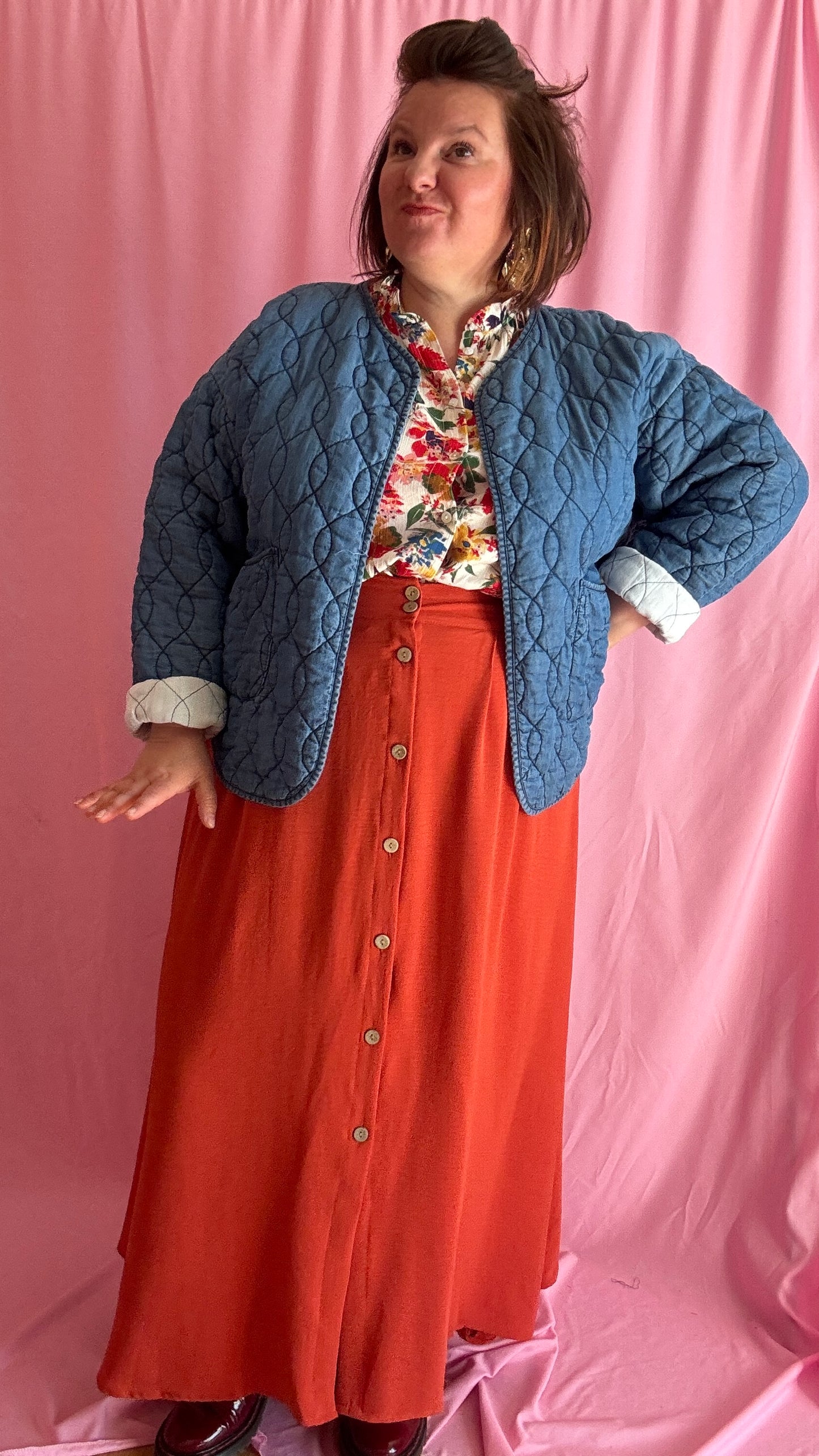 Veste en jean grande taille matelassée, jean clair