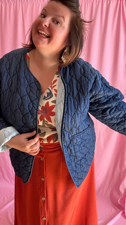 Veste en jean grande taille matelassée, jean foncé