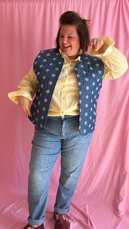 Veste sans manche en jean grande taille, broderies blanches, style bohème et casual