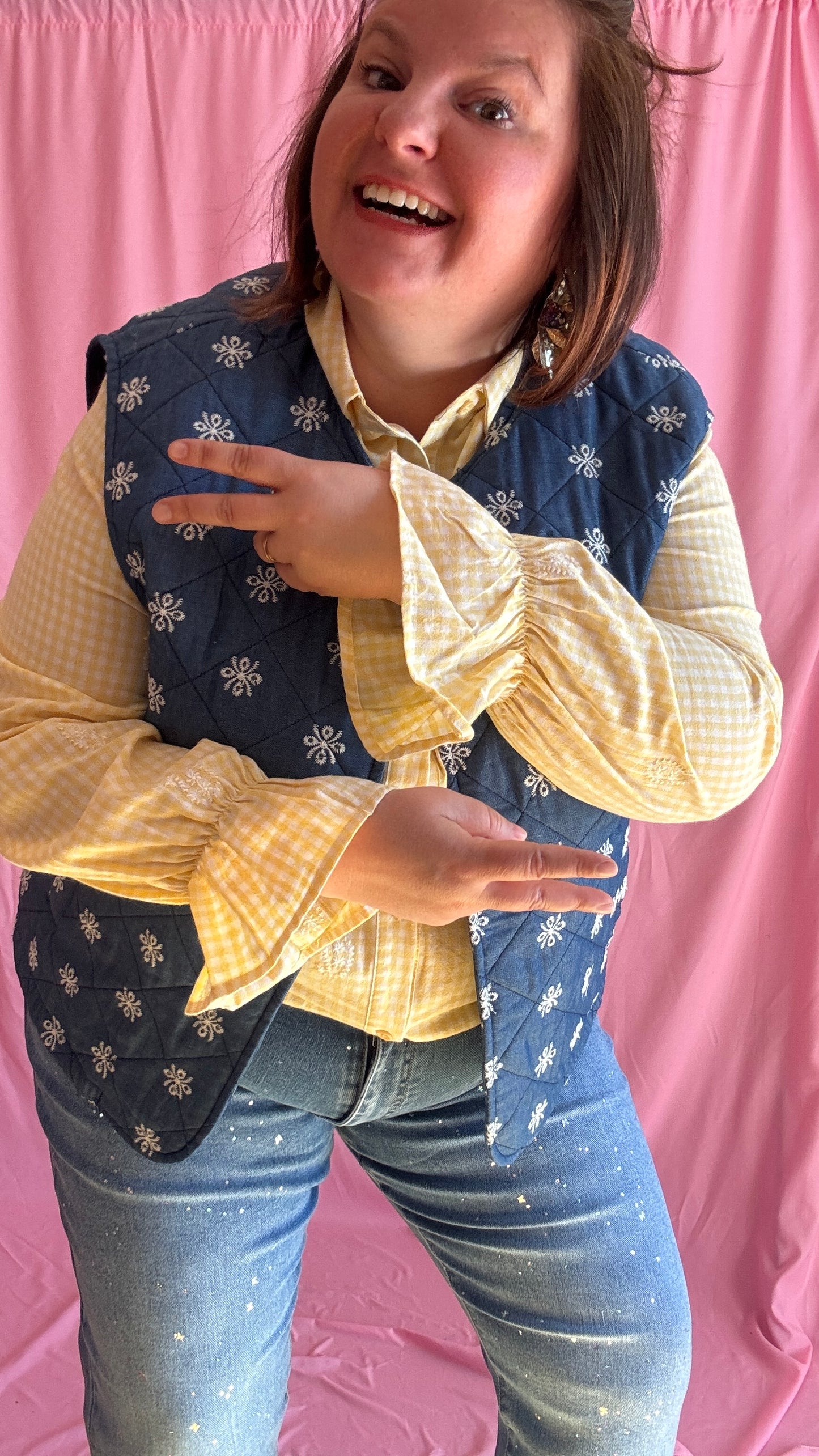 Veste sans manche en jean grande taille, broderies blanches, style bohème et casual