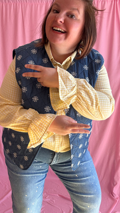 Veste sans manche en jean grande taille, broderies blanches, style bohème et casual