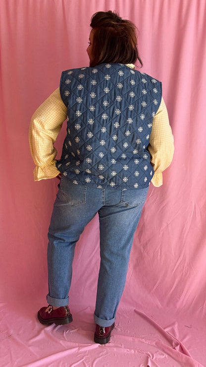 Veste sans manche en jean grande taille, broderies blanches, style bohème et casual