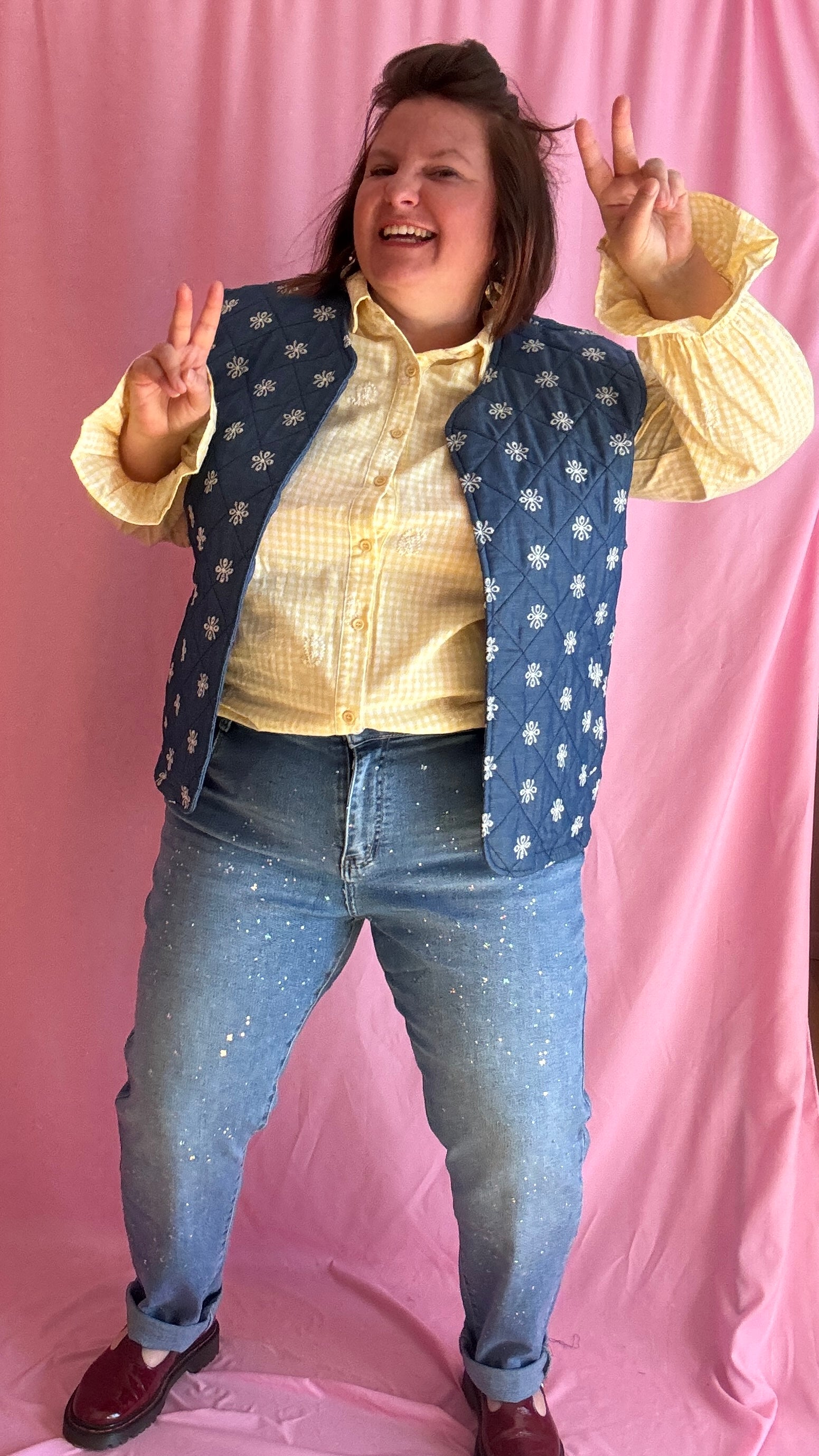 Veste sans manche en jean grande taille, broderies blanches, style bohème et casual