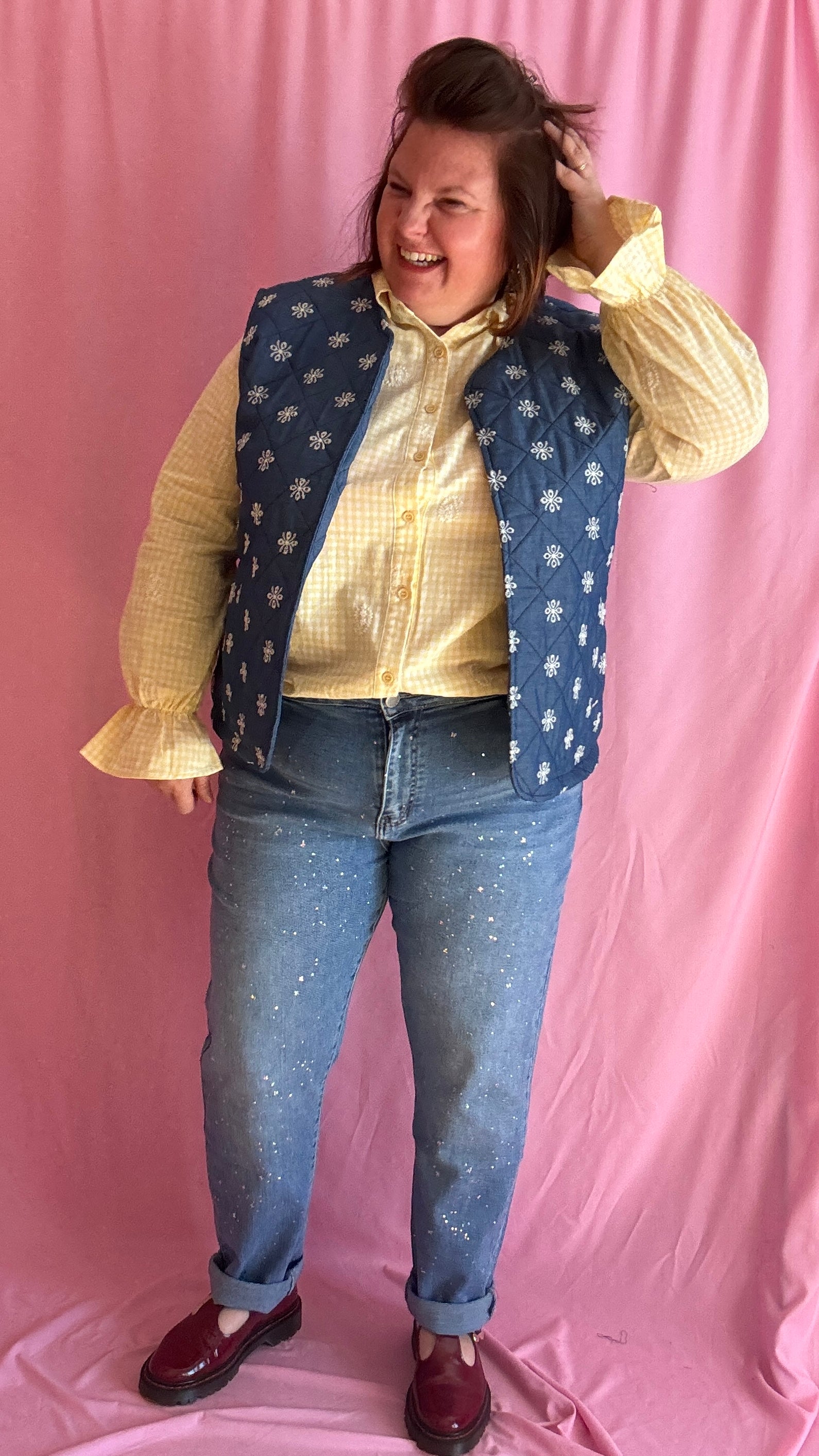 Veste sans manche en jean grande taille, broderies blanches, style bohème et casual