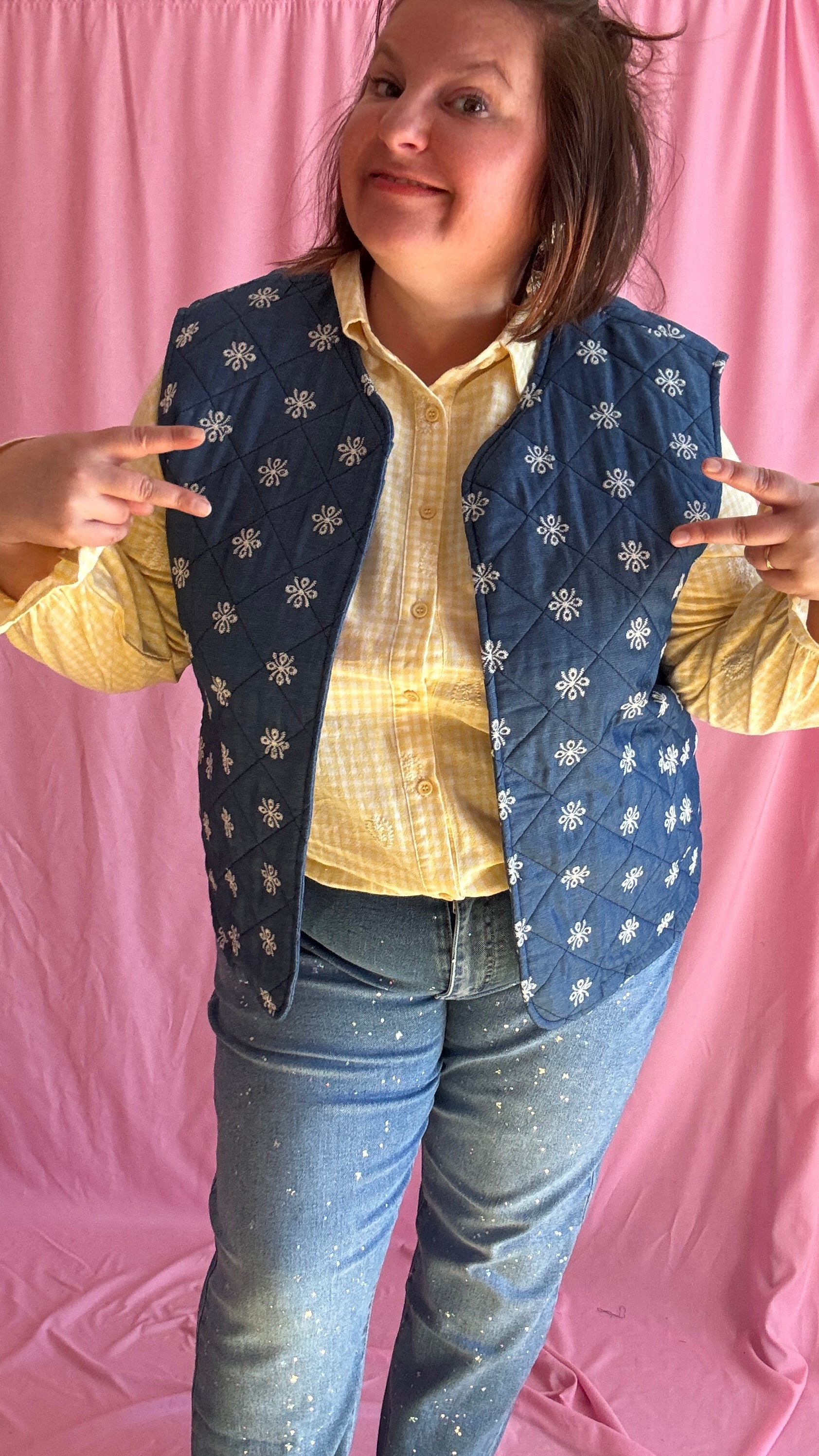 Veste sans manche en jean grande taille, broderies blanches, style bohème et casual