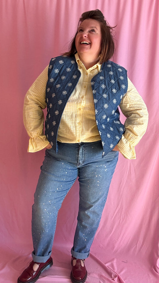 Veste sans manche en jean grande taille, broderies blanches, style bohème et casual