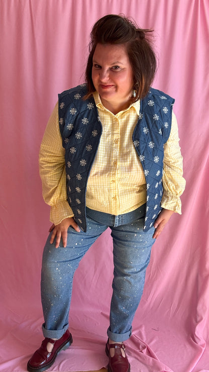 Veste sans manche en jean grande taille, broderies blanches, style bohème et casual