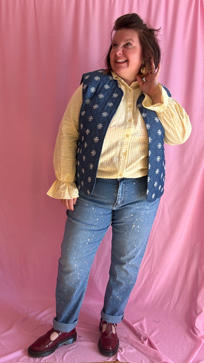 Veste sans manche en jean grande taille, broderies blanches, style bohème et casual